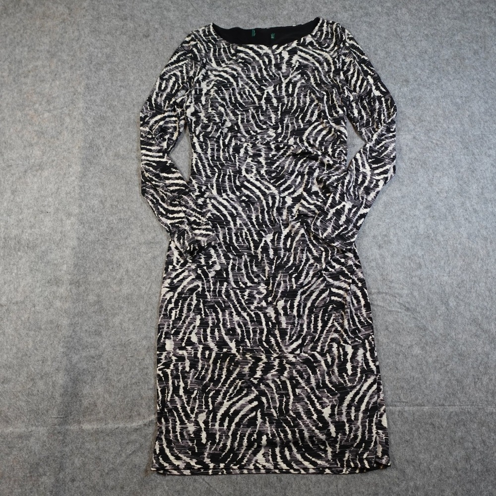 Ralph Lauren Dress Womens 2/4? Sheath Midi Long Sleeve Boat Neck Black White